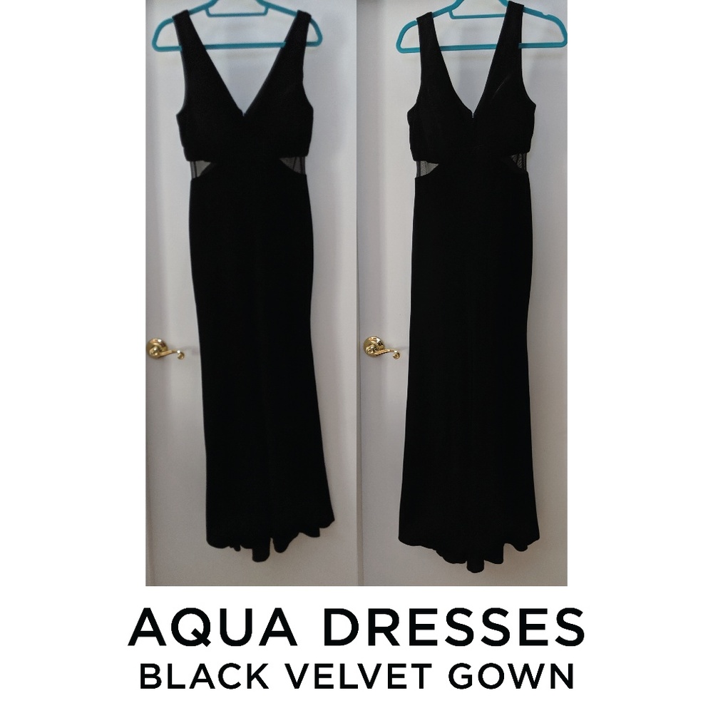 AQUA BLACK VELVET FLOOR LENGTH DRESS